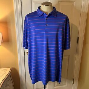 Peter Millar Summer Comfort Blue Pink Stripe Polo Shirt Fox Golf Logo LARGE Tall